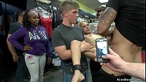Petite blonde slut Luna Light is brough by big guy Karlo Karrera and Princess Donna Dolore in public sex shop where got her mouth and pussy banged for crowd